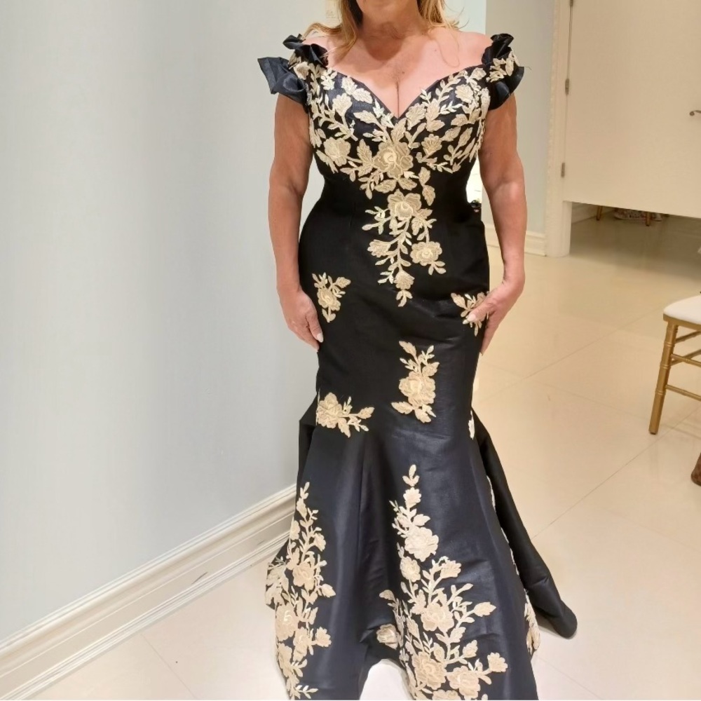Black And Gold off the shoulder mermaid fitted formal gown with gold applique